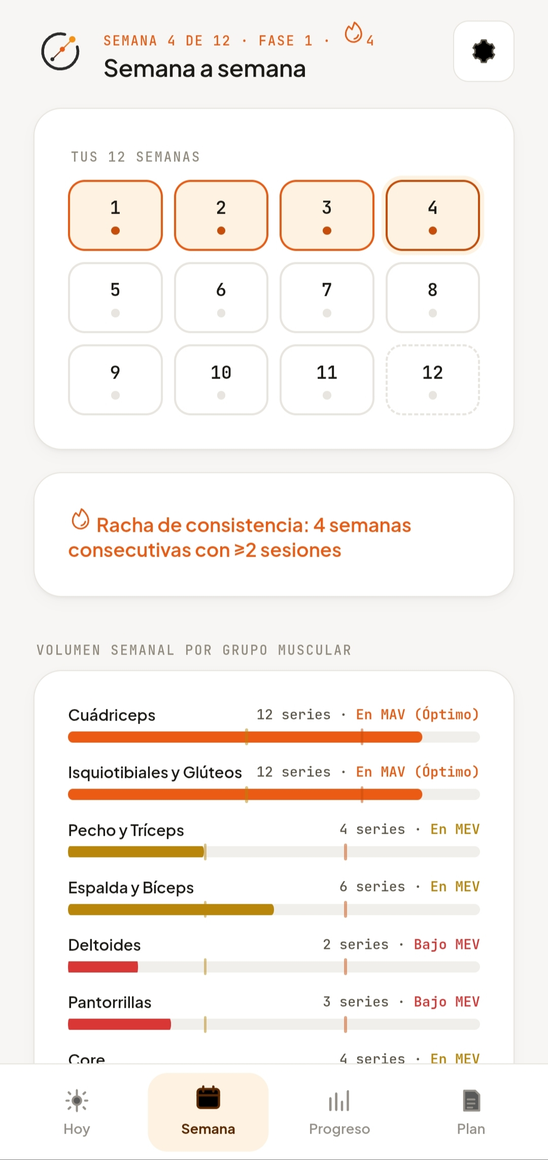 Overload en modo claro, mostrando la racha de consistencia y el volumen semanal