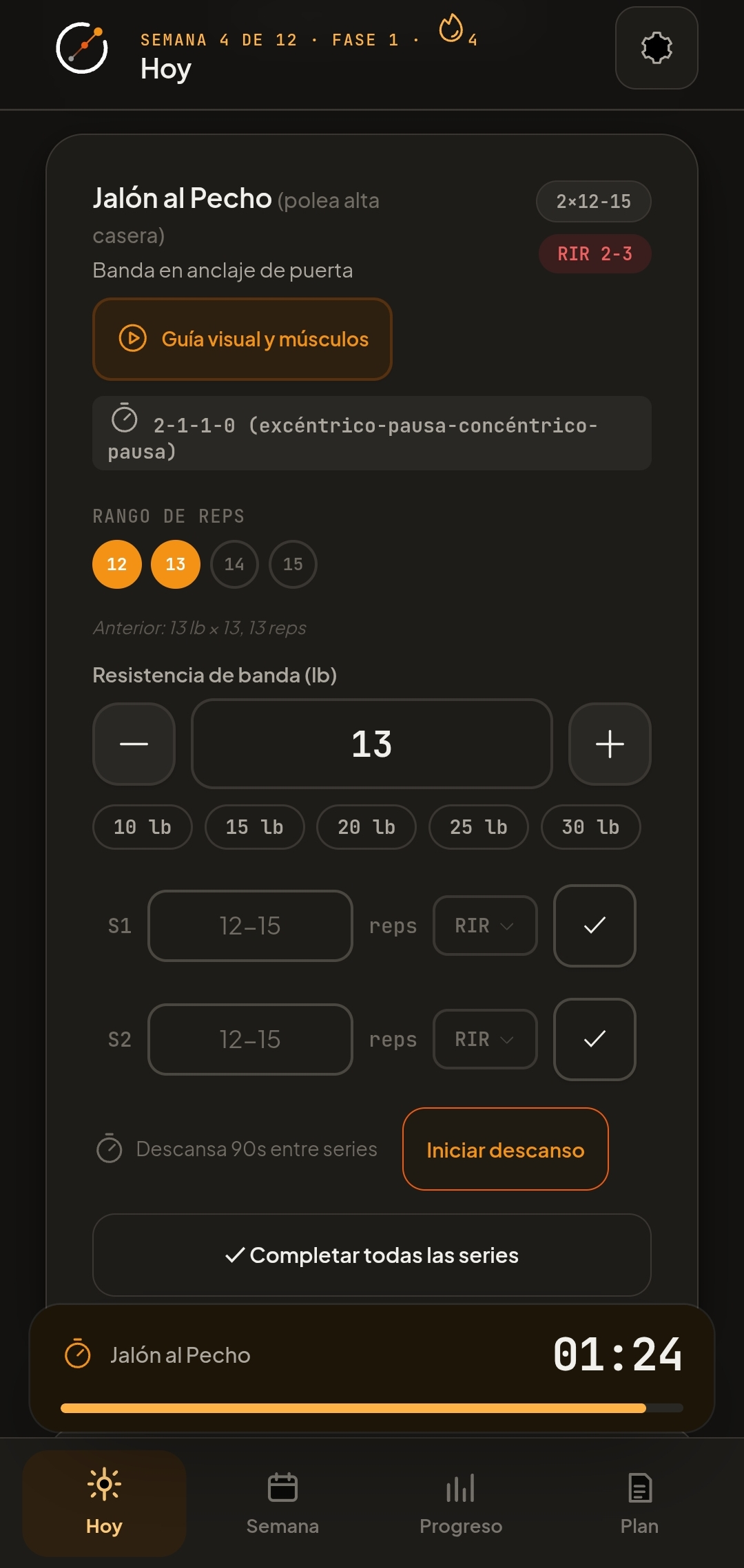 Pantalla de Overload durante un entrenamiento: series, RIR, temporizador de descanso de 90 segundos